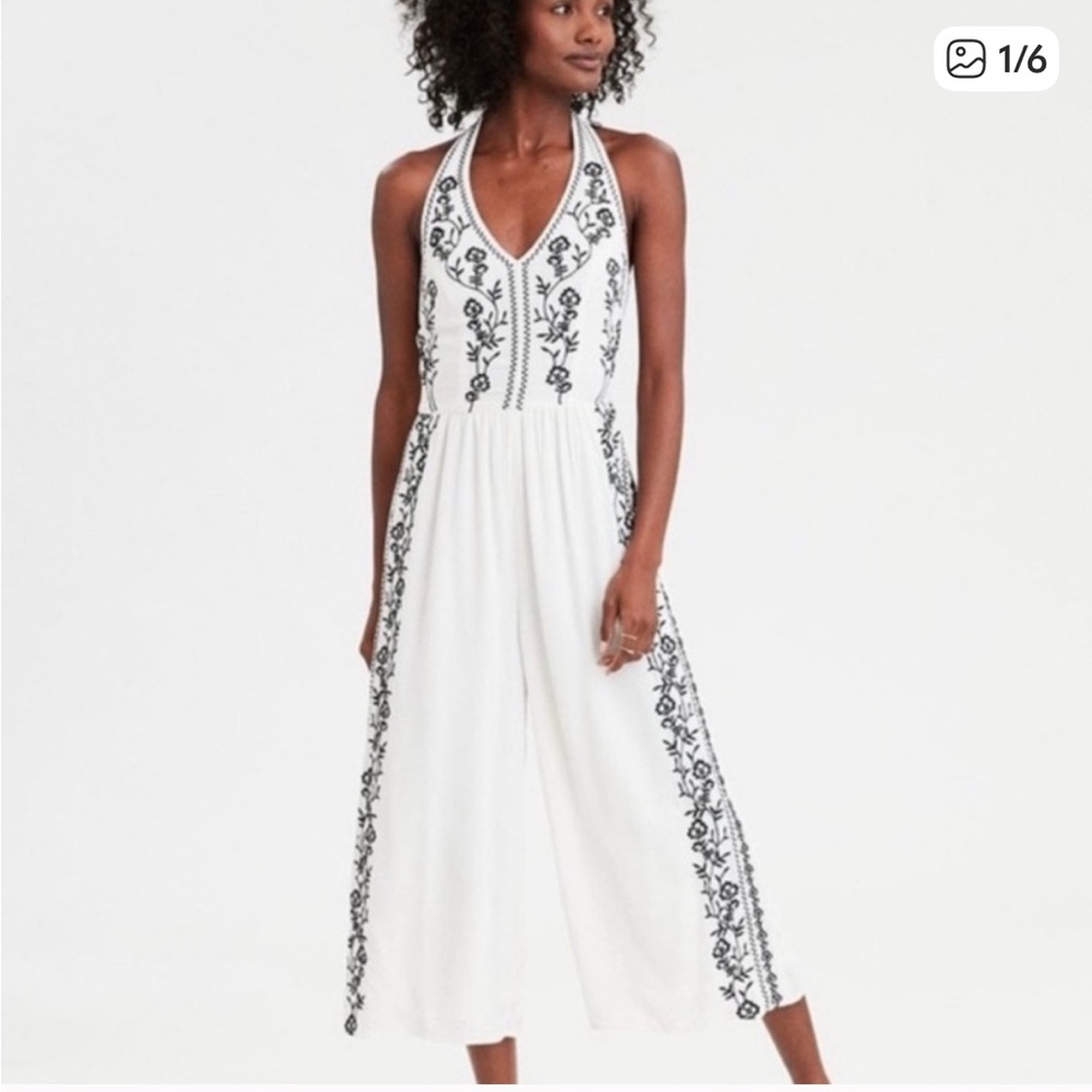 American Eagle Outfitters Black and White Embroidered Jumpsuit